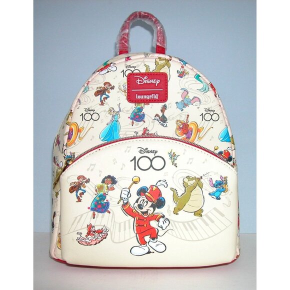 Disney 100 Loungefly Mini Backpack With Mickey & Friends Red Straps Adjustable F - Picture 1 of 4
